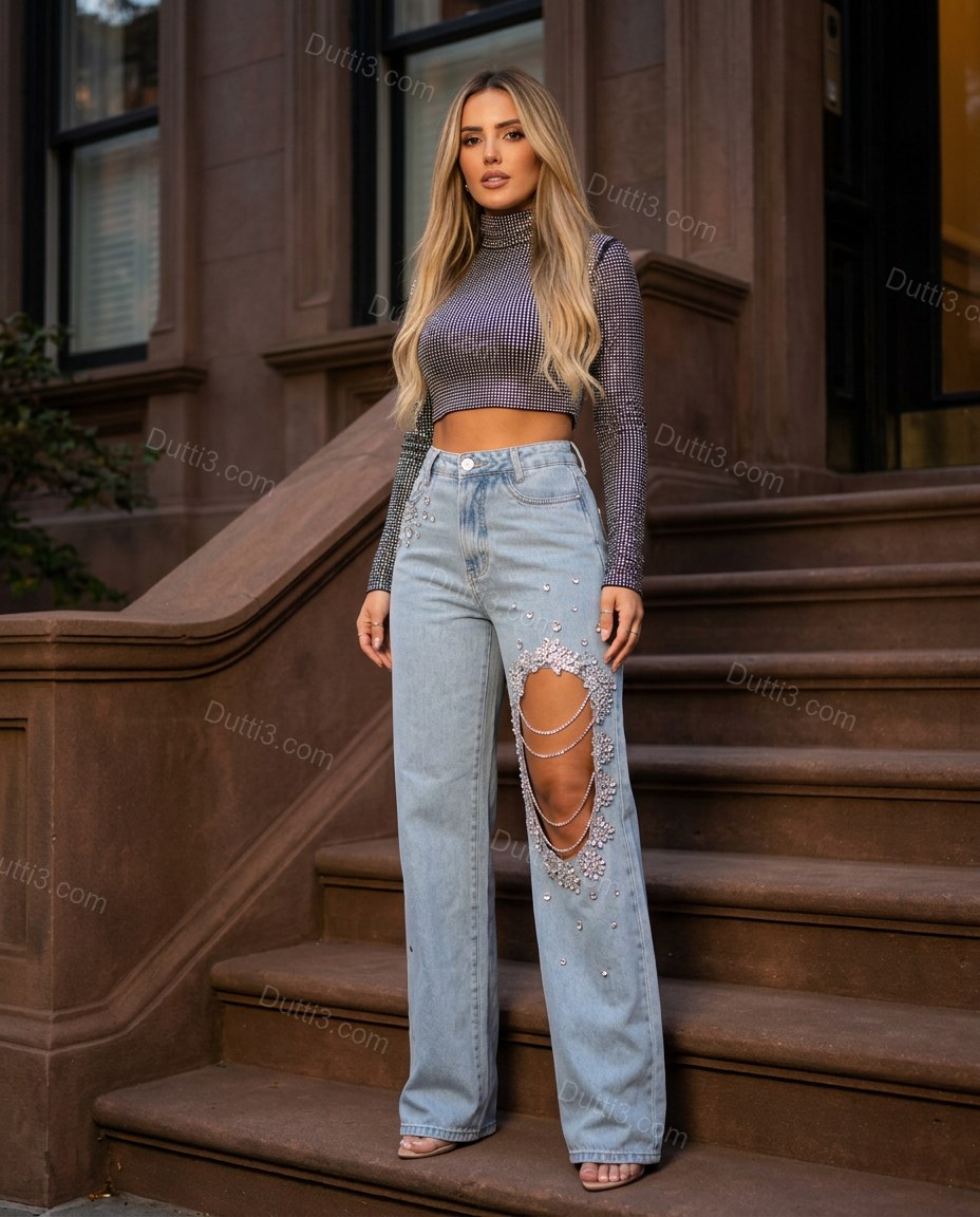 Light Blue Rhinestone Denim Pants, three-quarter brand lifestyle view, by Dutti3
