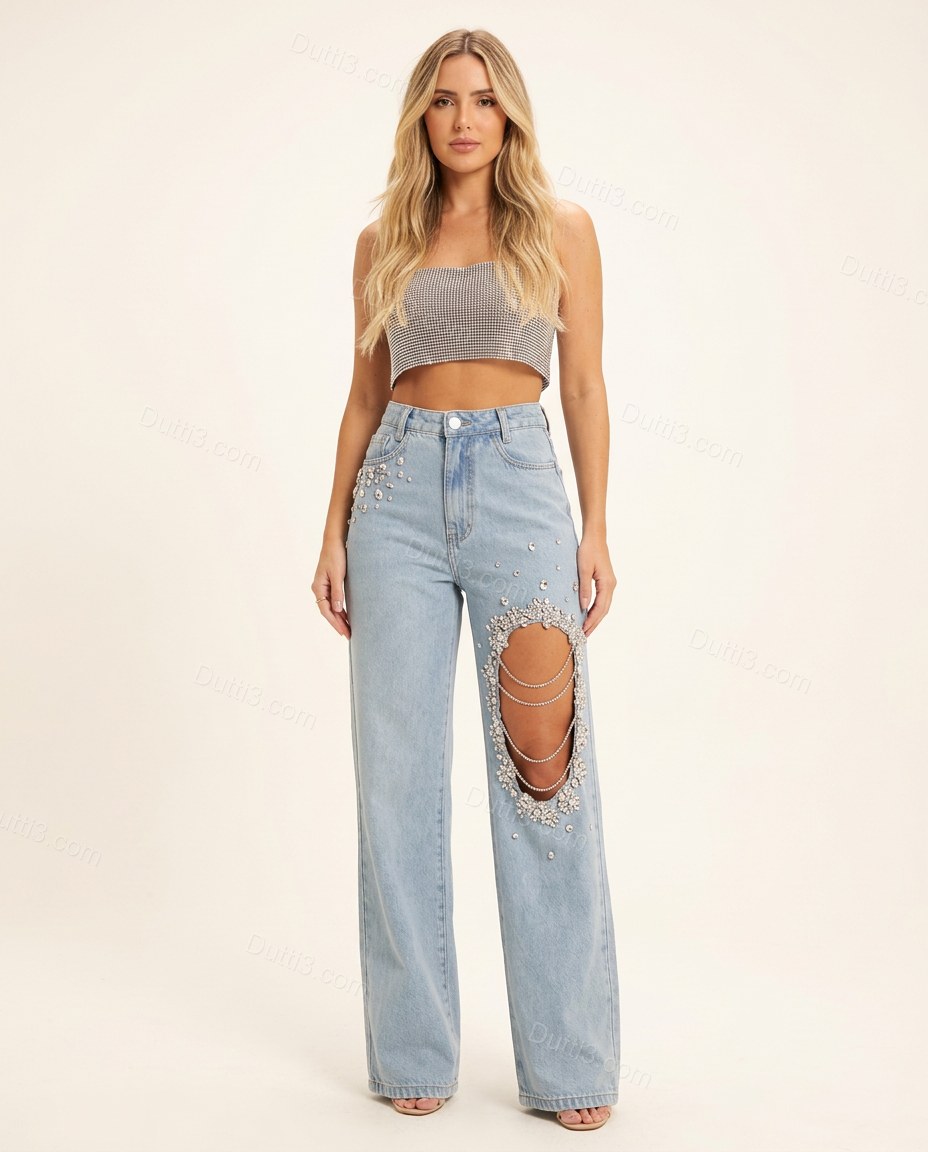Light Blue Rhinestone Denim Pants, front studio view, by Dutti3