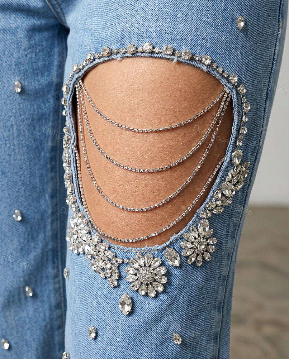 Light Blue Rhinestone Denim Pants, close-up of silver accents, belt loops and front pockets, by Dutti3