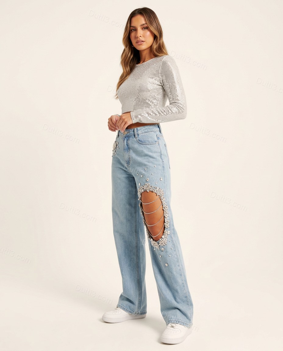 Light Blue Rhinestone Denim Pants, side and back studio view, by Dutti3