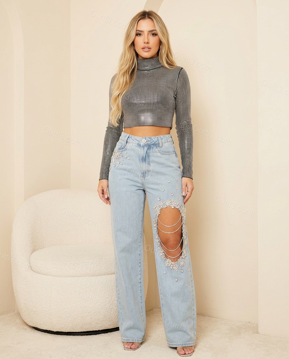 Light Blue Rhinestone Denim Pants, full-length hero view, by Dutti3