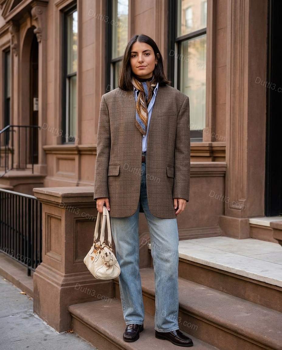 Brown Striped Blazer, three-quarter brand lifestyle view, by Dutti3