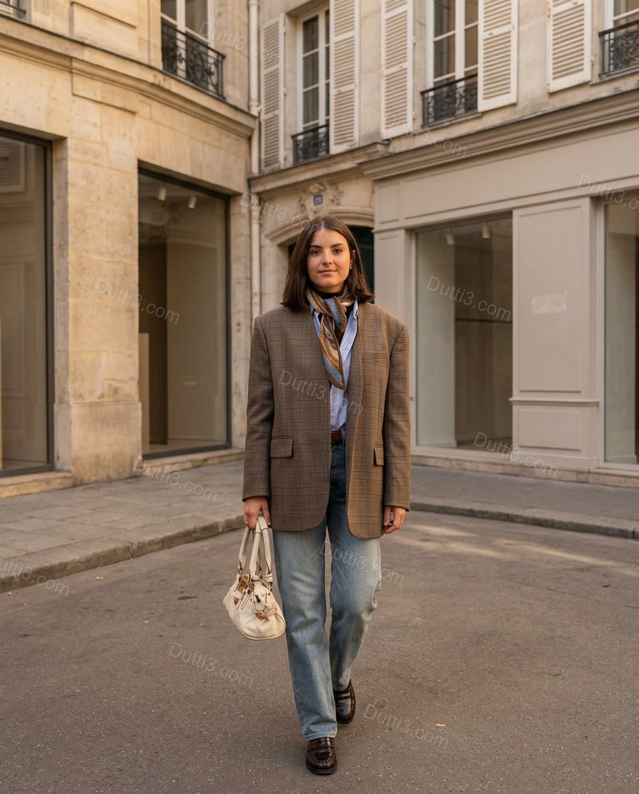 Brown Striped Blazer, movement and fit lifestyle view, by Dutti3