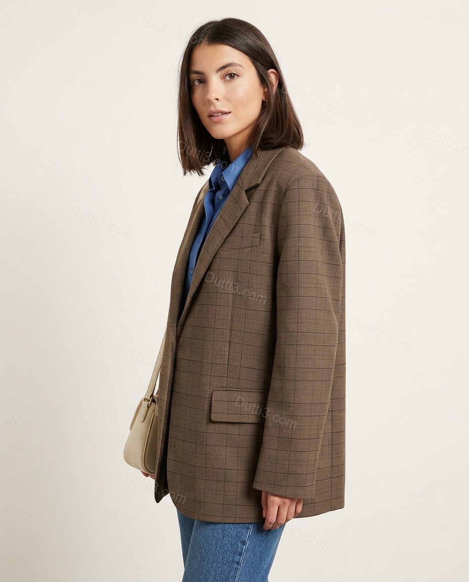Brown Striped Blazer, side and back studio view showing straight back with subtle vertical pinstripes, by Dutti3