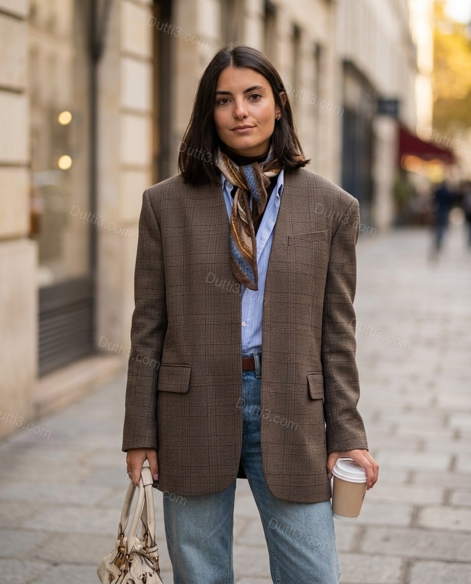 Brown Striped Blazer, full-length hero view, by Dutti3