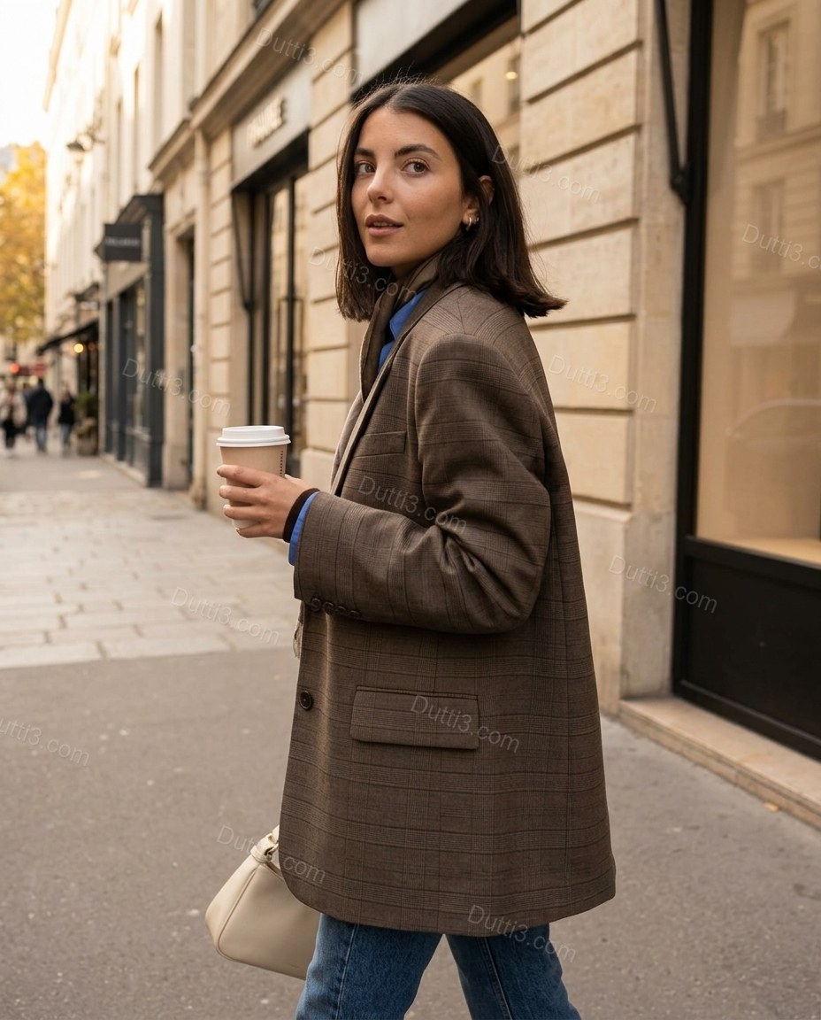 Brown Striped Blazer, walking lifestyle view, by Dutti3