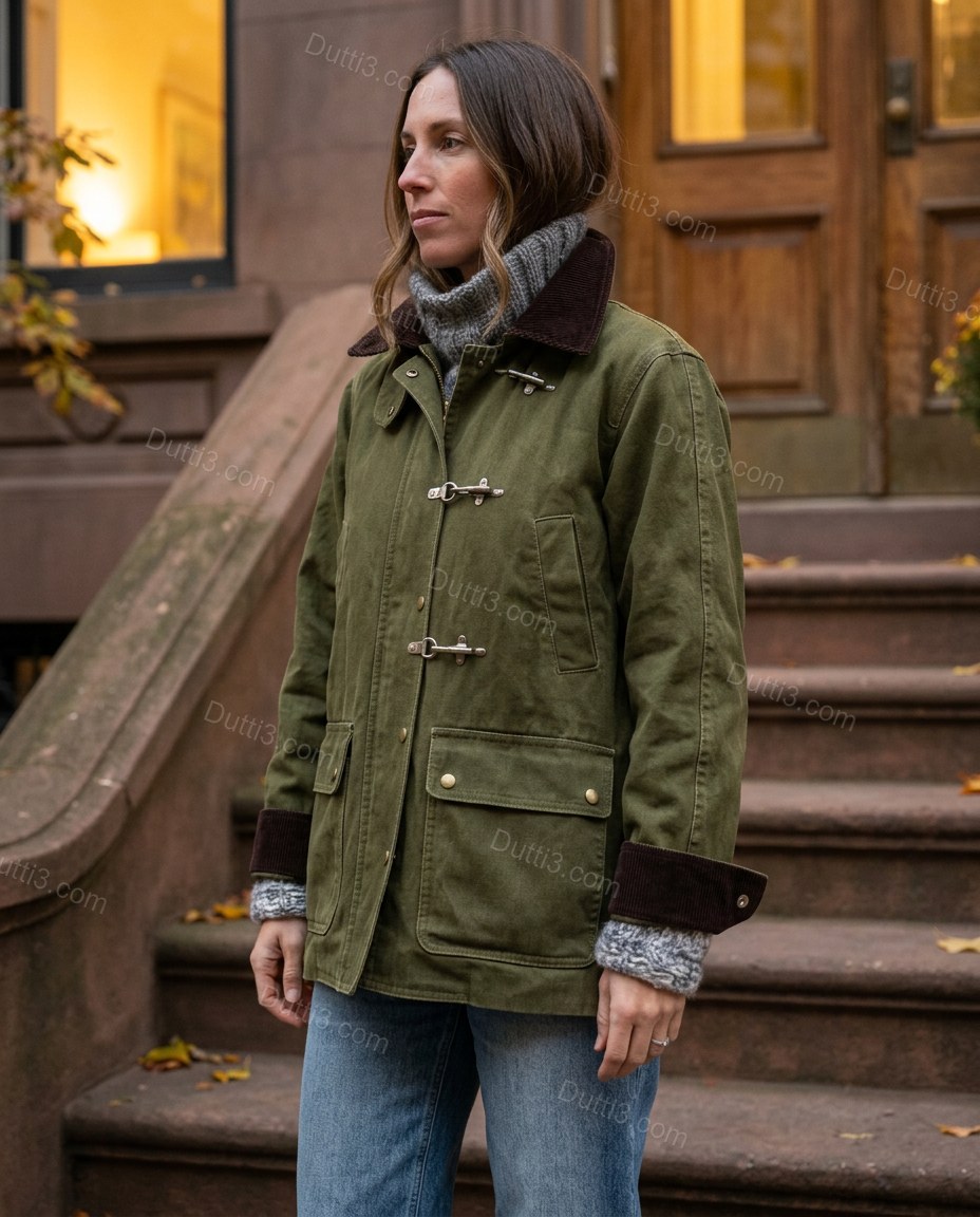 Olive Green Corduroy Jacket, movement and fit lifestyle view, by Dutti3