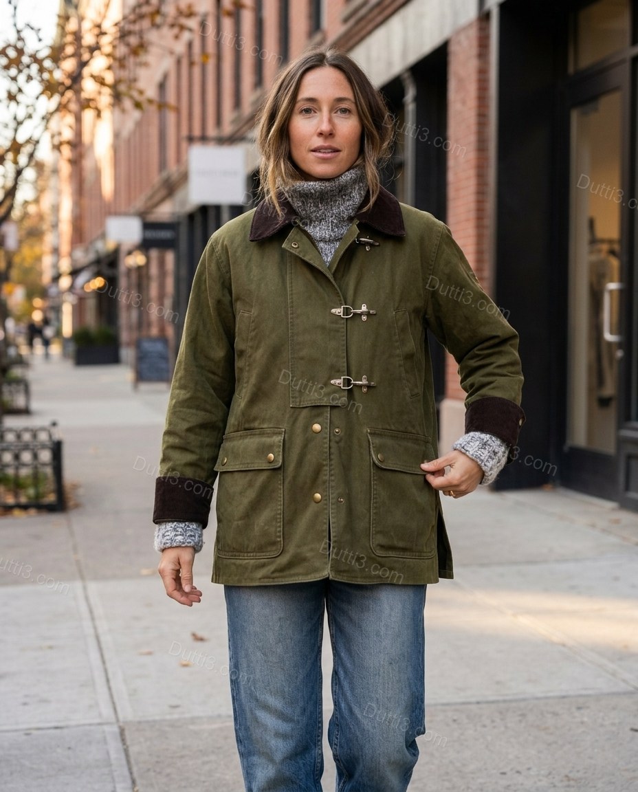 Olive Green Corduroy Jacket, walking lifestyle view, by Dutti3