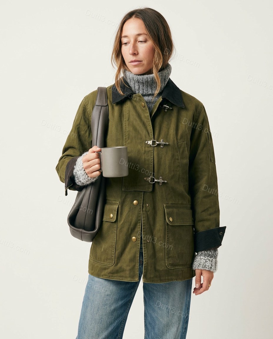 Olive Green Corduroy Jacket, front studio view, by Dutti3