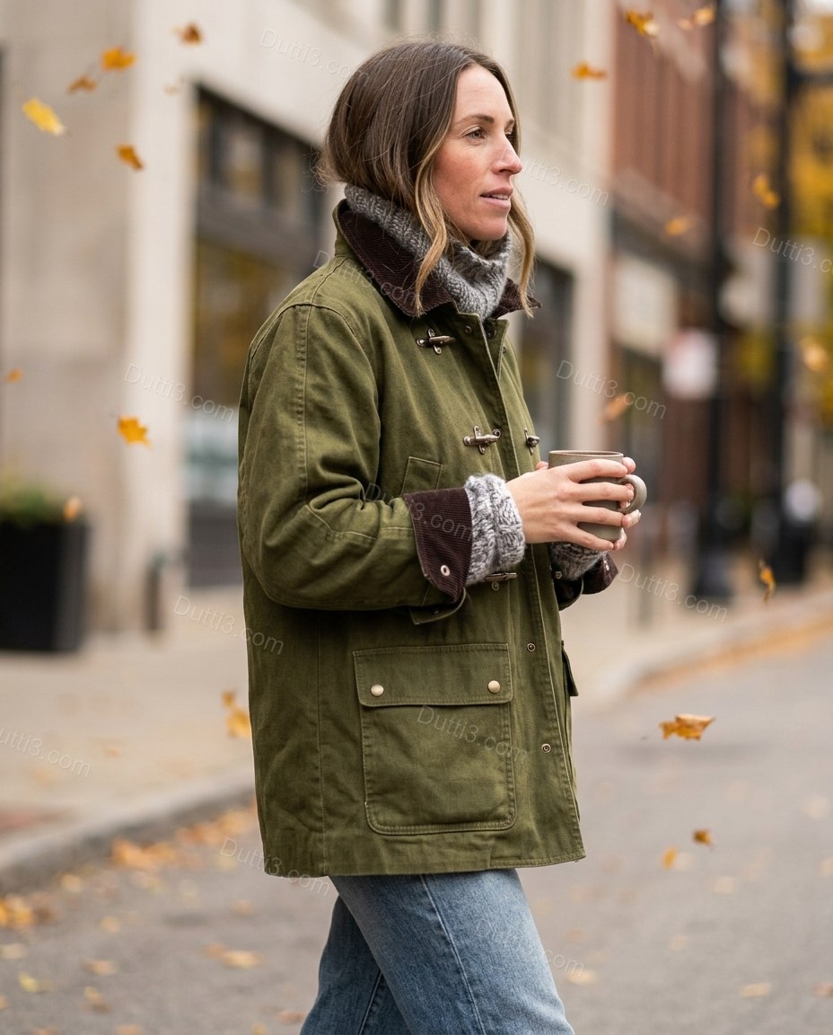 Olive Green Corduroy Jacket, three-quarter brand lifestyle view, by Dutti3