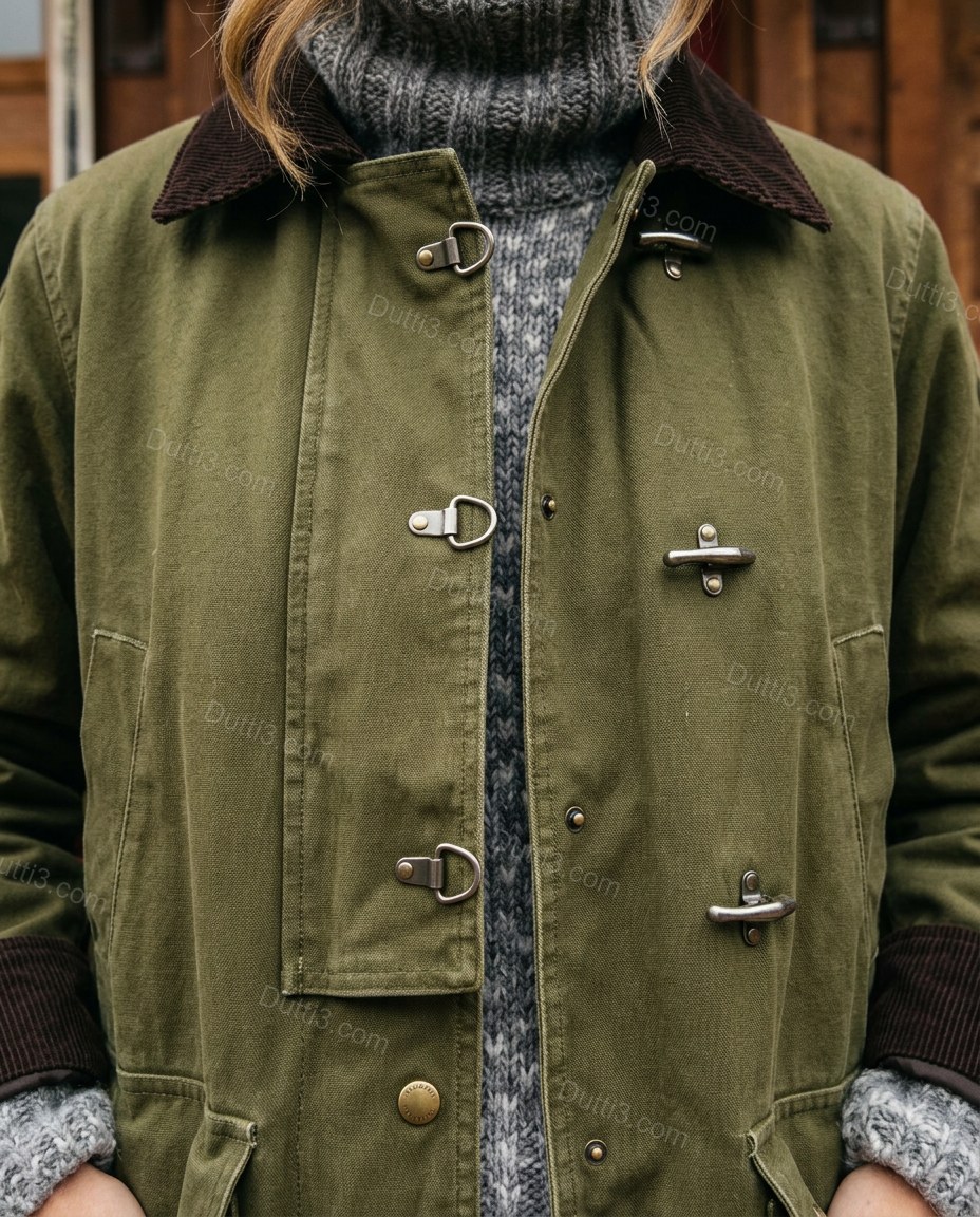 Olive Green Corduroy Jacket, close-up of dark brown and grey accents, toggle closure and snap closure, by Dutti3