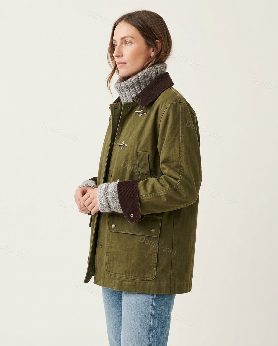 Olive Green Corduroy Jacket, side and back studio view showing not visible, by Dutti3
