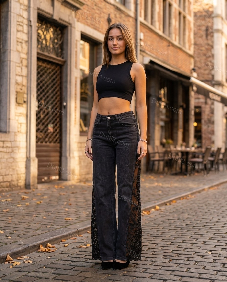 Charcoal Floral Denim Lace Pants, alternate use-case lifestyle view, by Dutti3