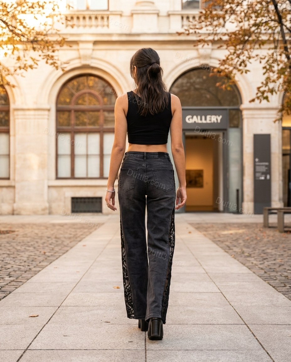 Charcoal Floral Denim Lace Pants, three-quarter brand lifestyle view, by Dutti3