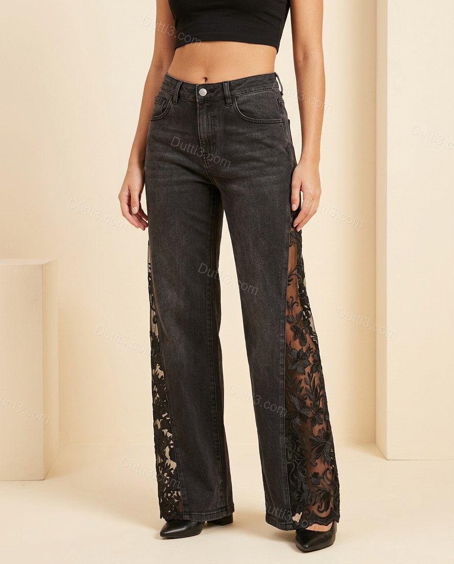 Charcoal Floral Denim Lace Pants, full-length hero view, by Dutti3
