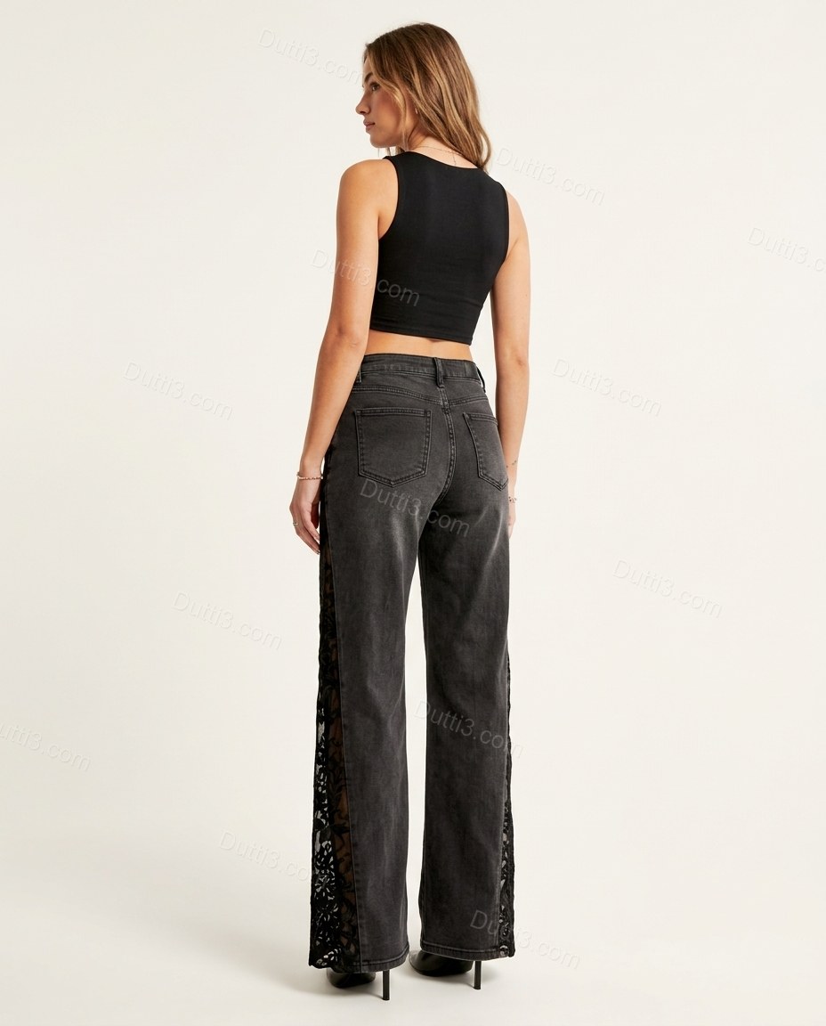 Charcoal Floral Denim Lace Pants, back studio view showing not visible, by Dutti3