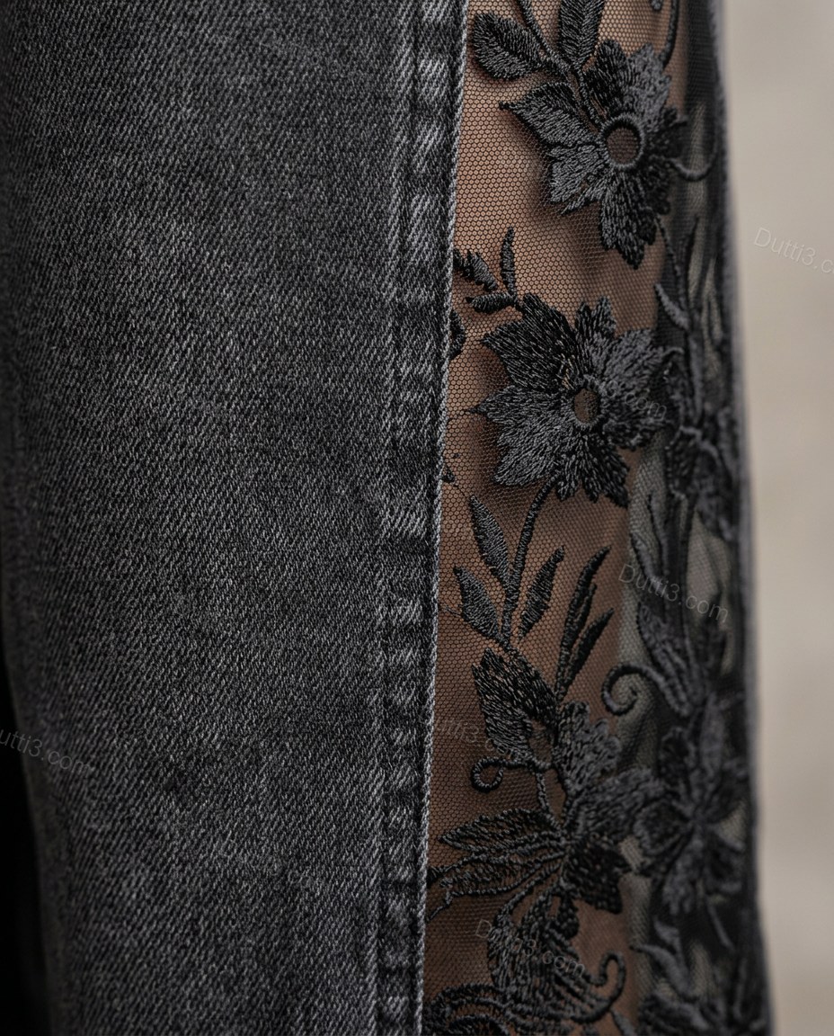Charcoal Floral Denim Lace Pants, close-up of floral, by Dutti3