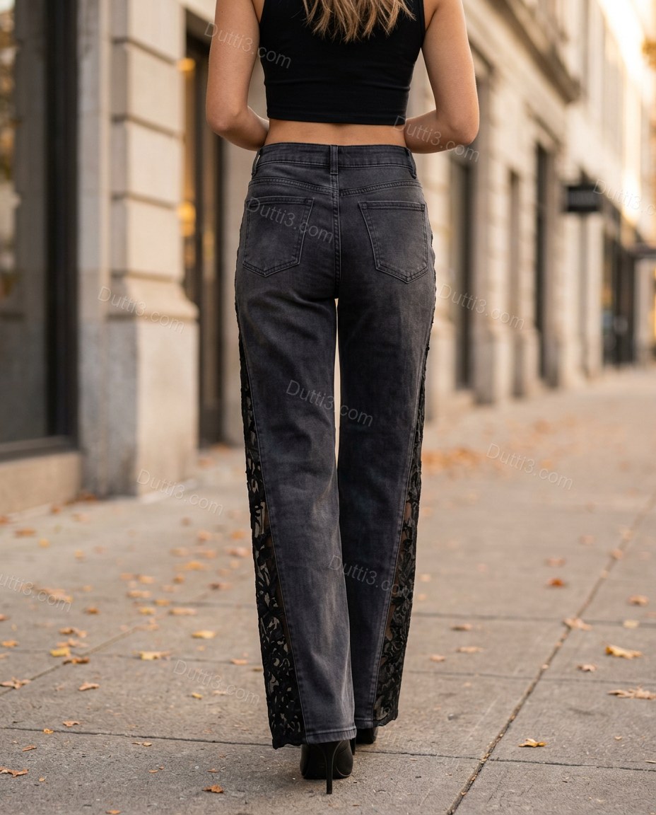 Charcoal Floral Denim Lace Pants, walking lifestyle view, by Dutti3