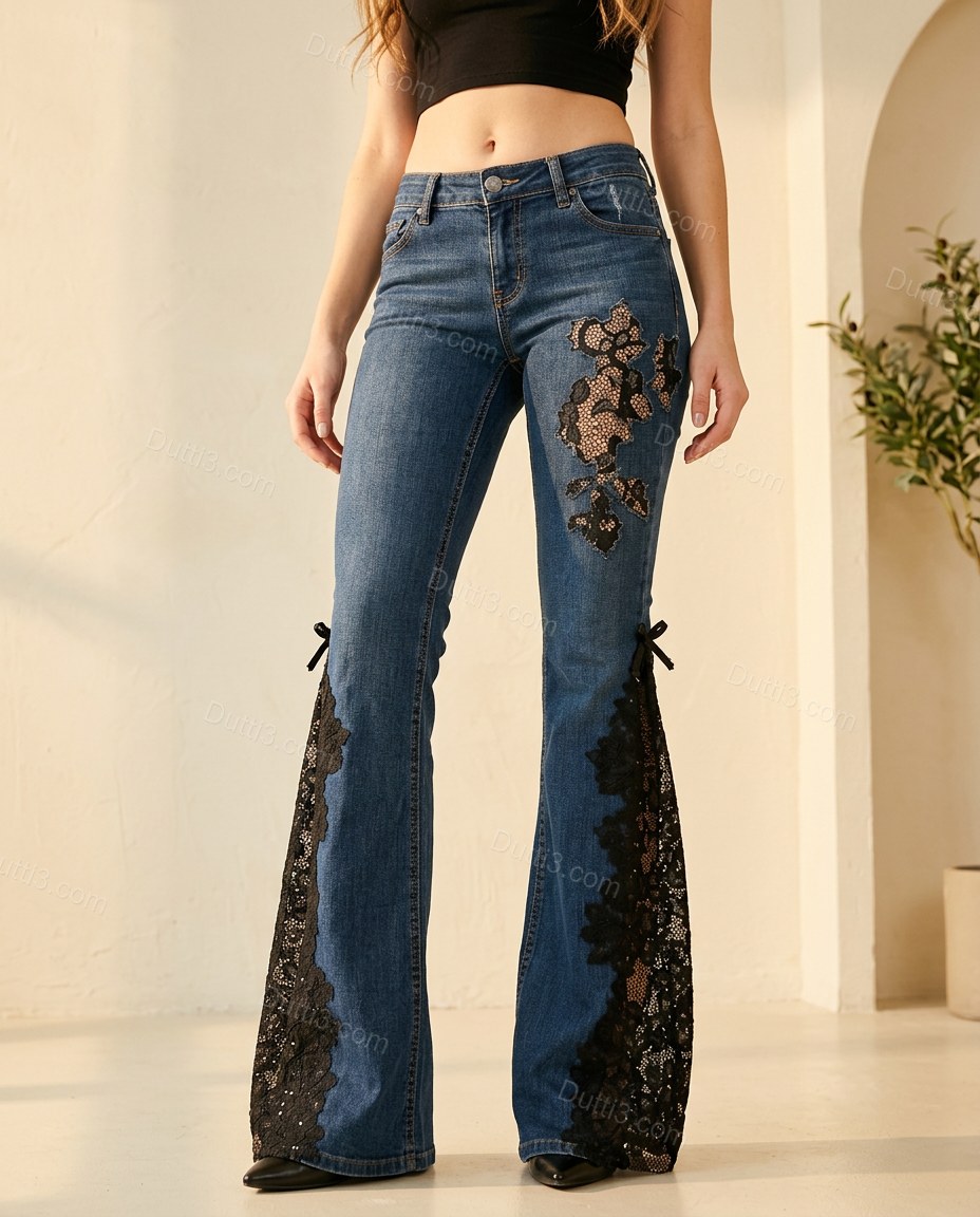 Blue Floral Rhinestone Denim Pants, full-length hero view, by Dutti3