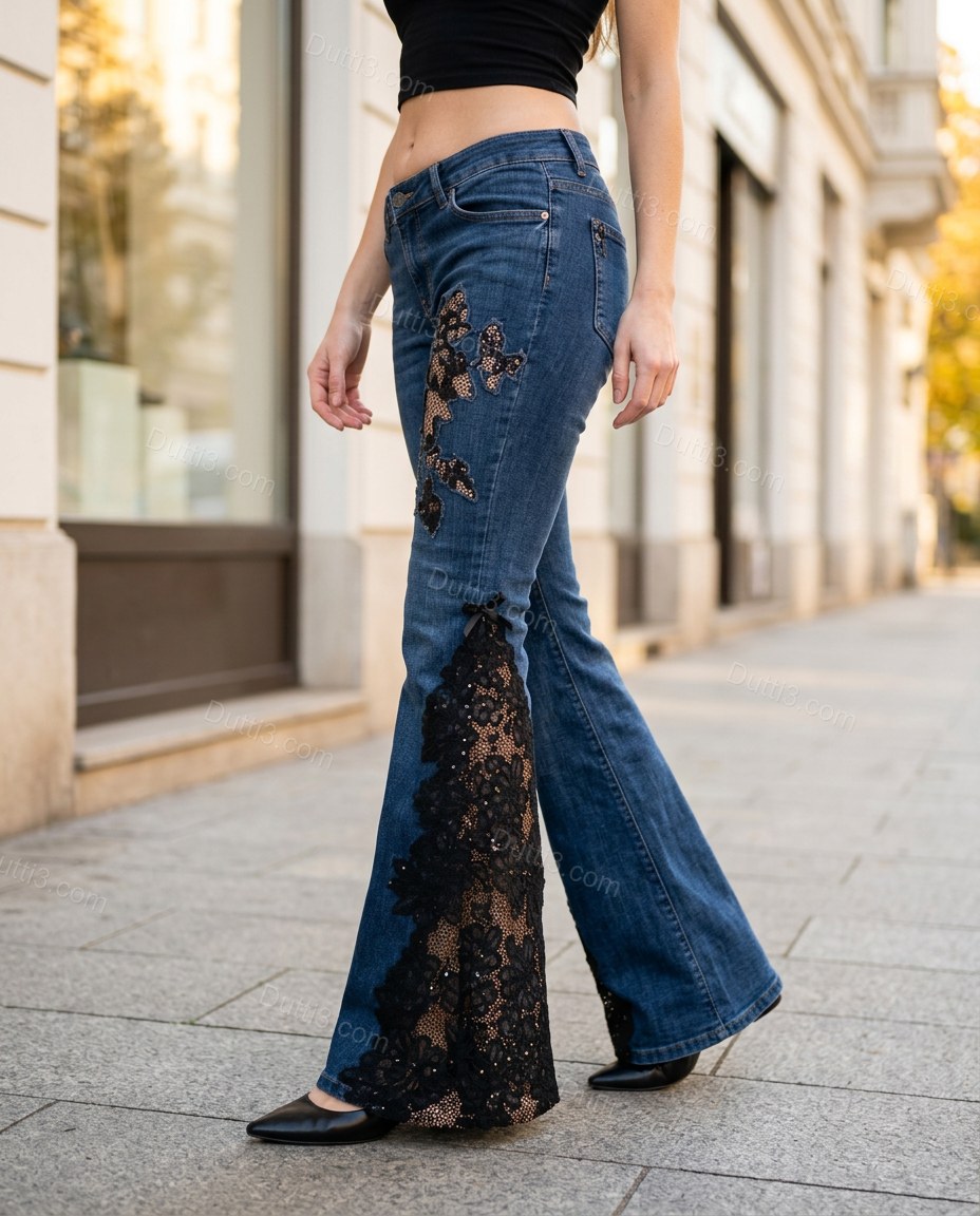 Blue Floral Rhinestone Denim Pants, movement and fit lifestyle view, by Dutti3