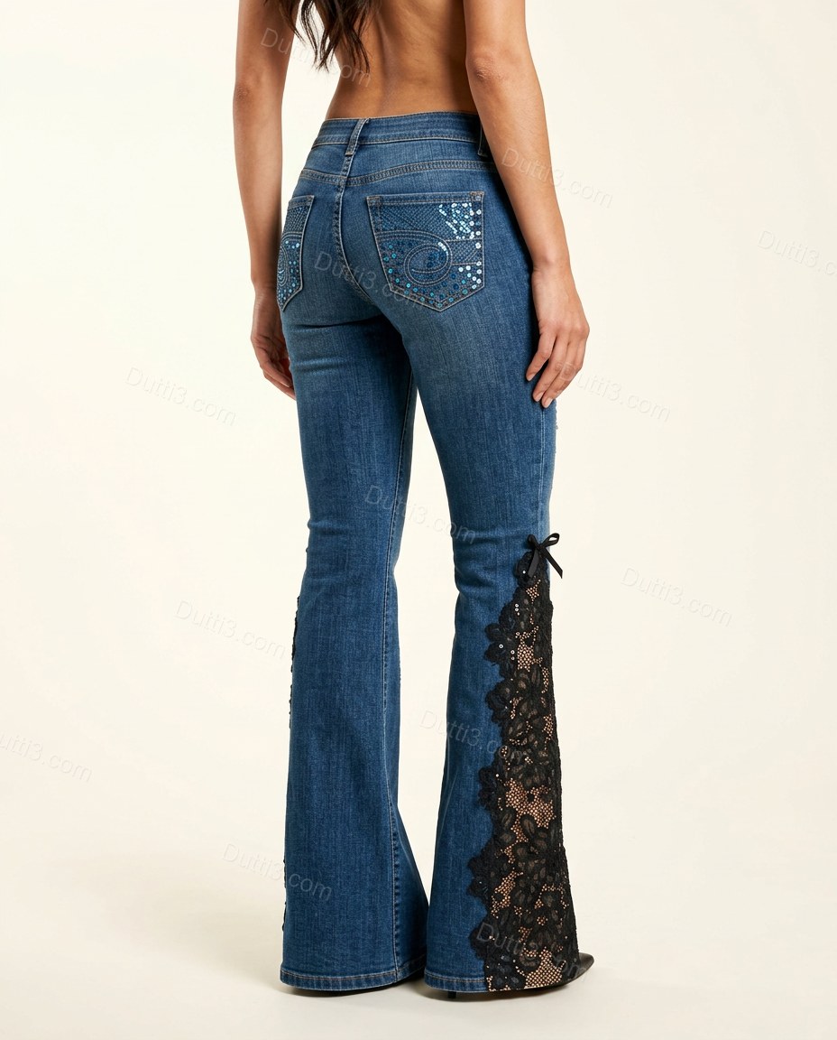 Blue Floral Rhinestone Denim Pants, back studio view showing standard back view with pockets and embellishments, by Dutti3