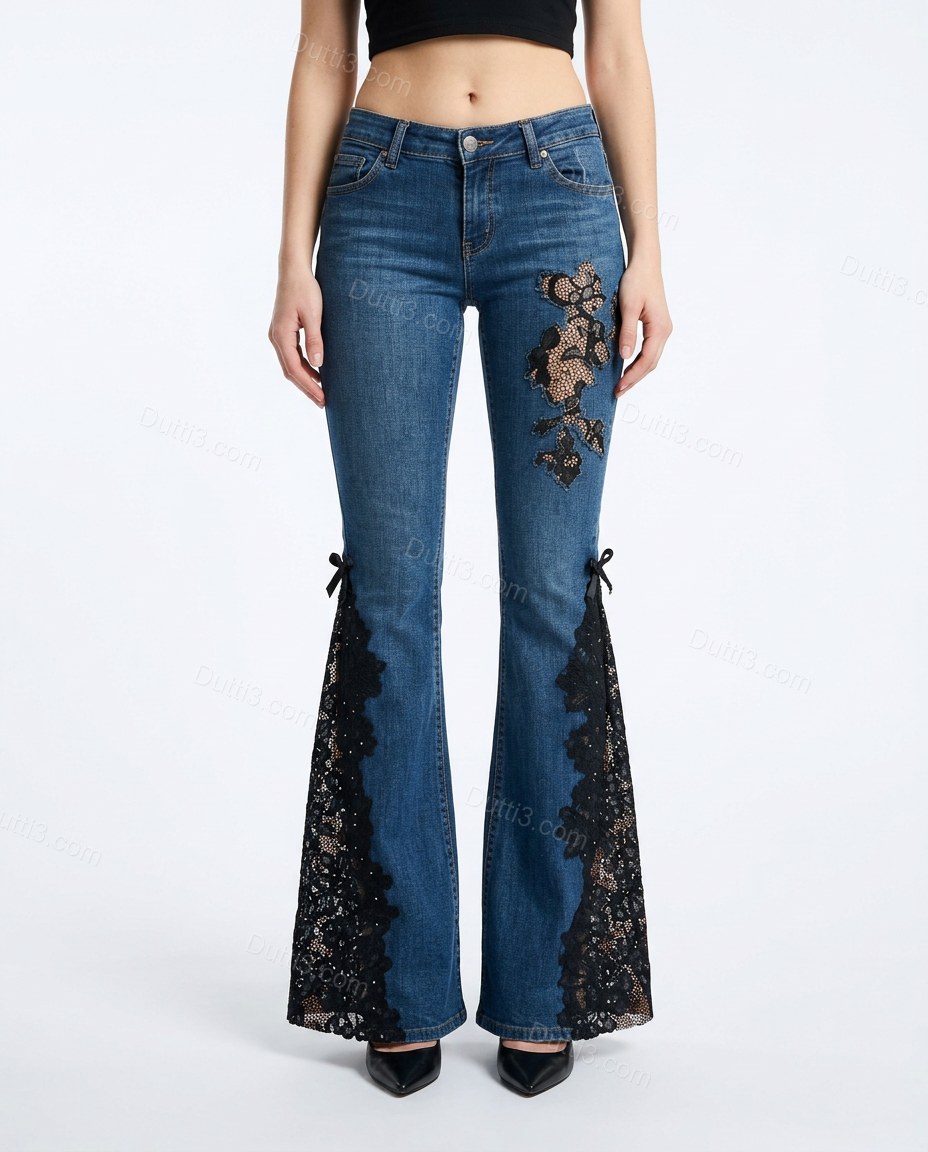 Blue Floral Rhinestone Denim Pants, front studio view, by Dutti3
