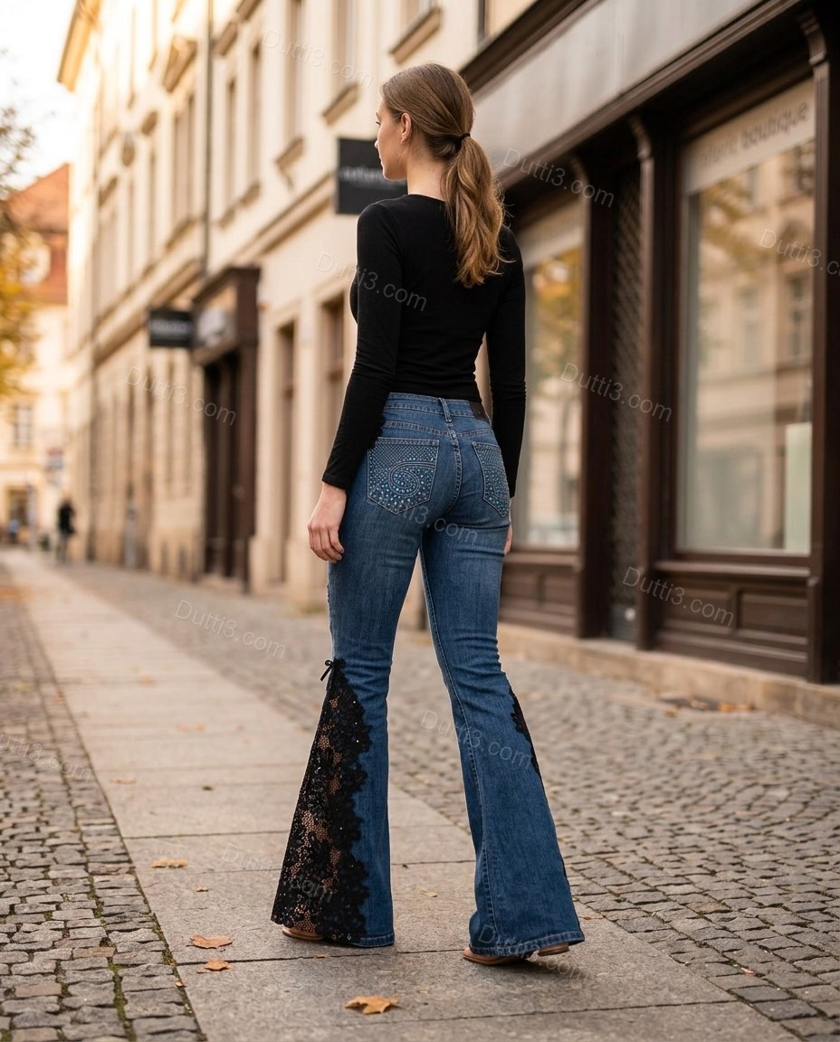 Blue Floral Rhinestone Denim Pants, walking lifestyle view, by Dutti3