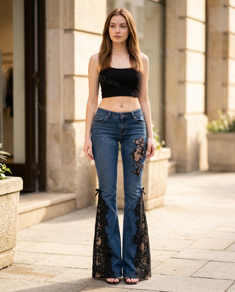 Blue Floral Rhinestone Denim Pants, alternate use-case lifestyle view, by Dutti3