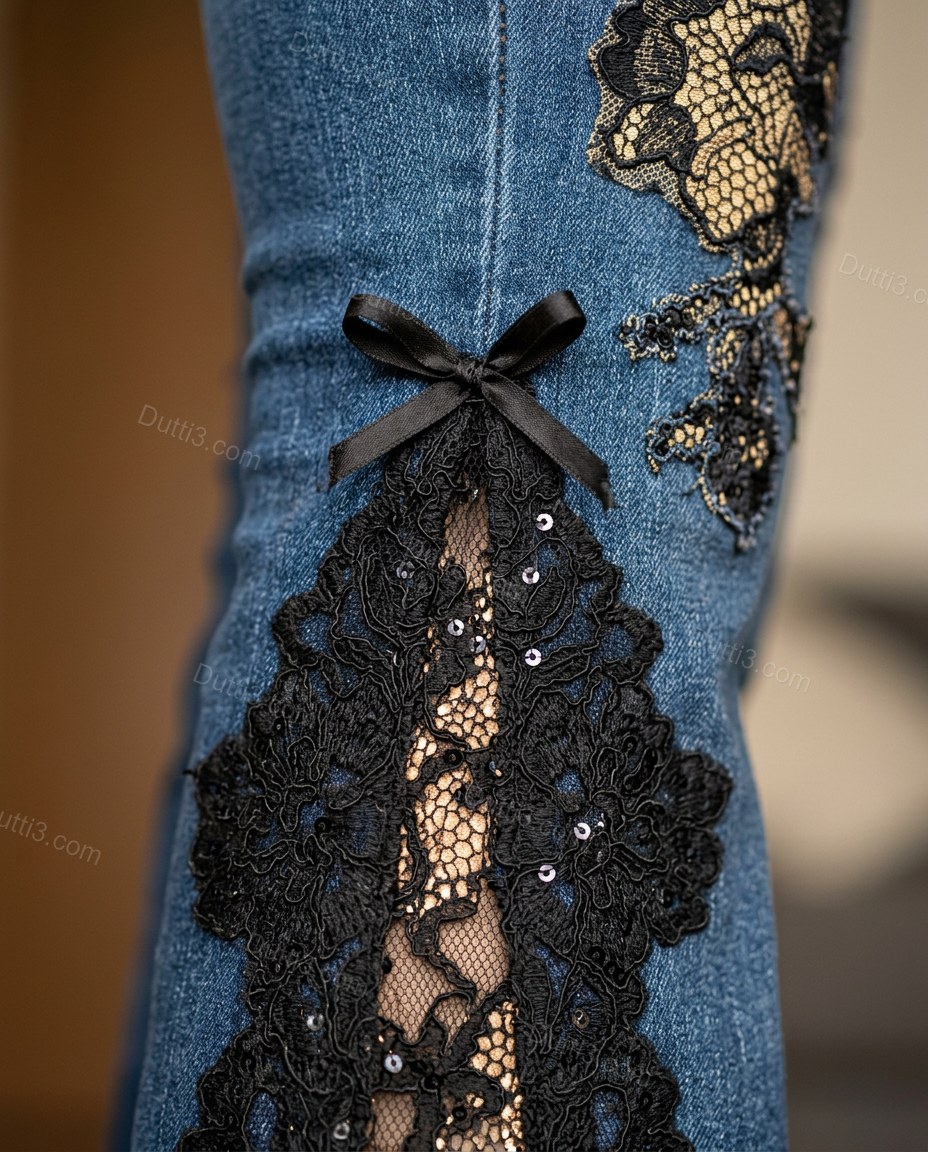 Blue Floral Rhinestone Denim Pants, close-up of floral, by Dutti3