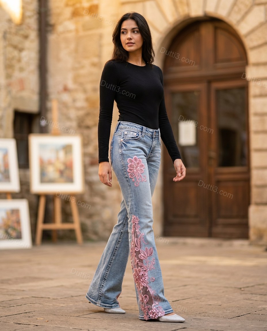Light Blue Floral Embroidered Denim Pants, alternate use-case lifestyle view, by Dutti3