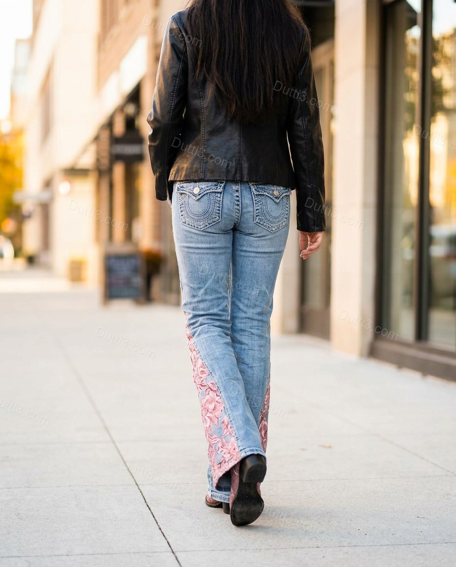 Light Blue Floral Embroidered Denim Pants, walking lifestyle view, by Dutti3