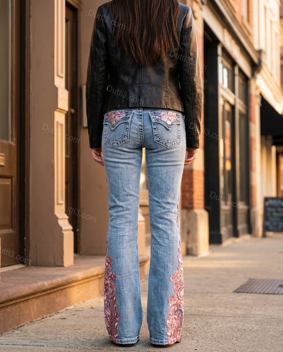 Light Blue Floral Embroidered Denim Pants, three-quarter brand lifestyle view, by Dutti3
