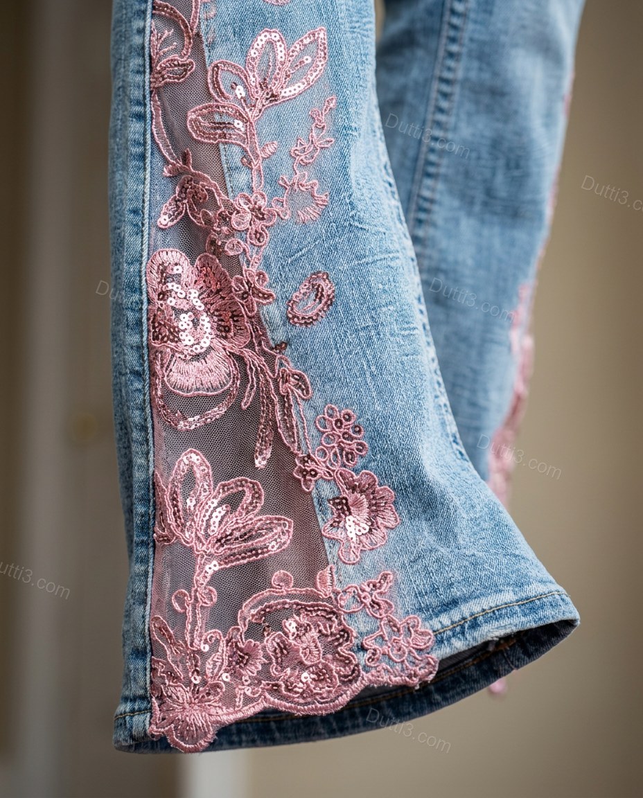 Light Blue Floral Embroidered Denim Pants, close-up of floral embroidery, by Dutti3
