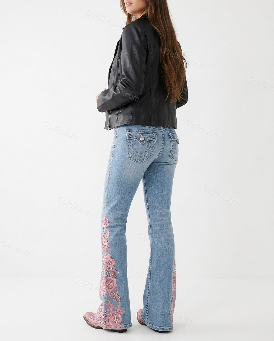 Light Blue Floral Embroidered Denim Pants, back studio view showing not visible, by Dutti3
