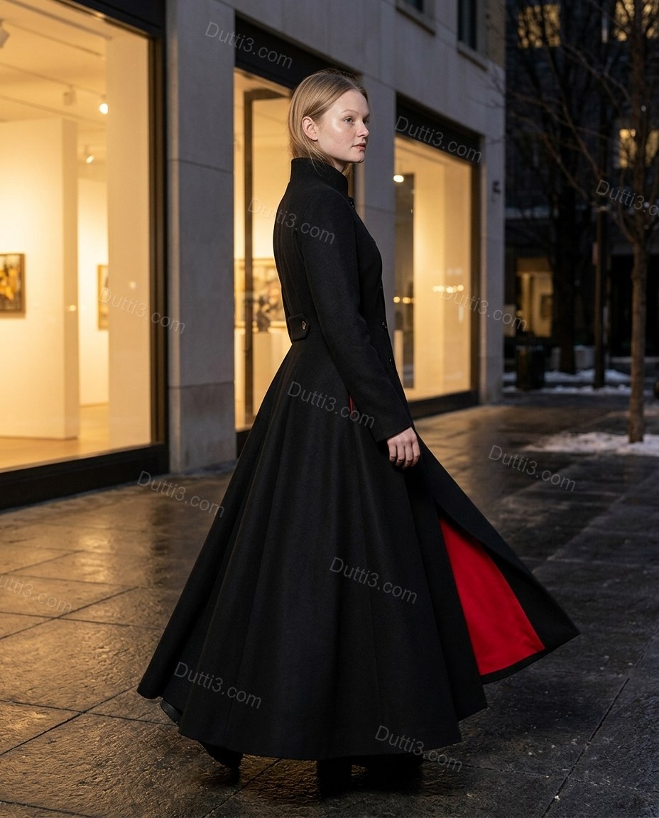 Black Pleated Coat, movement and fit lifestyle view, by Dutti3