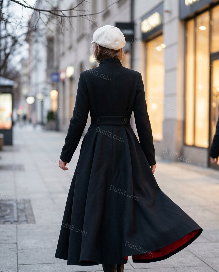 Black Pleated Coat, walking lifestyle view, by Dutti3