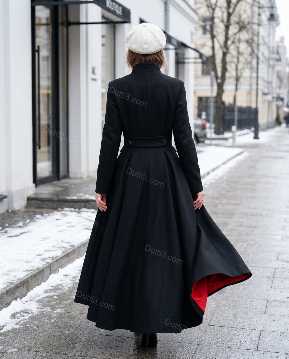 Black Pleated Coat, three-quarter brand lifestyle view, by Dutti3