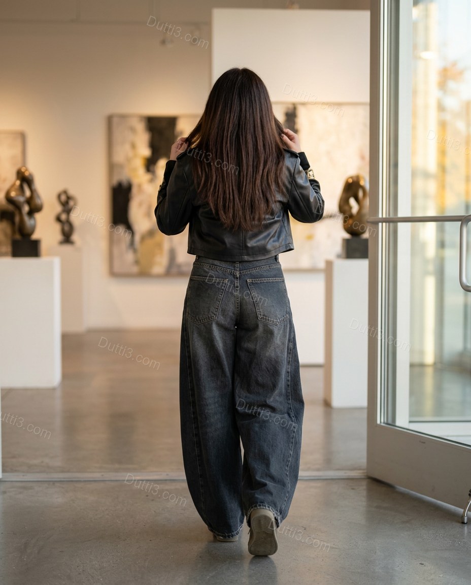 Dark Blue Denim Pants, three-quarter brand lifestyle view, by Dutti3