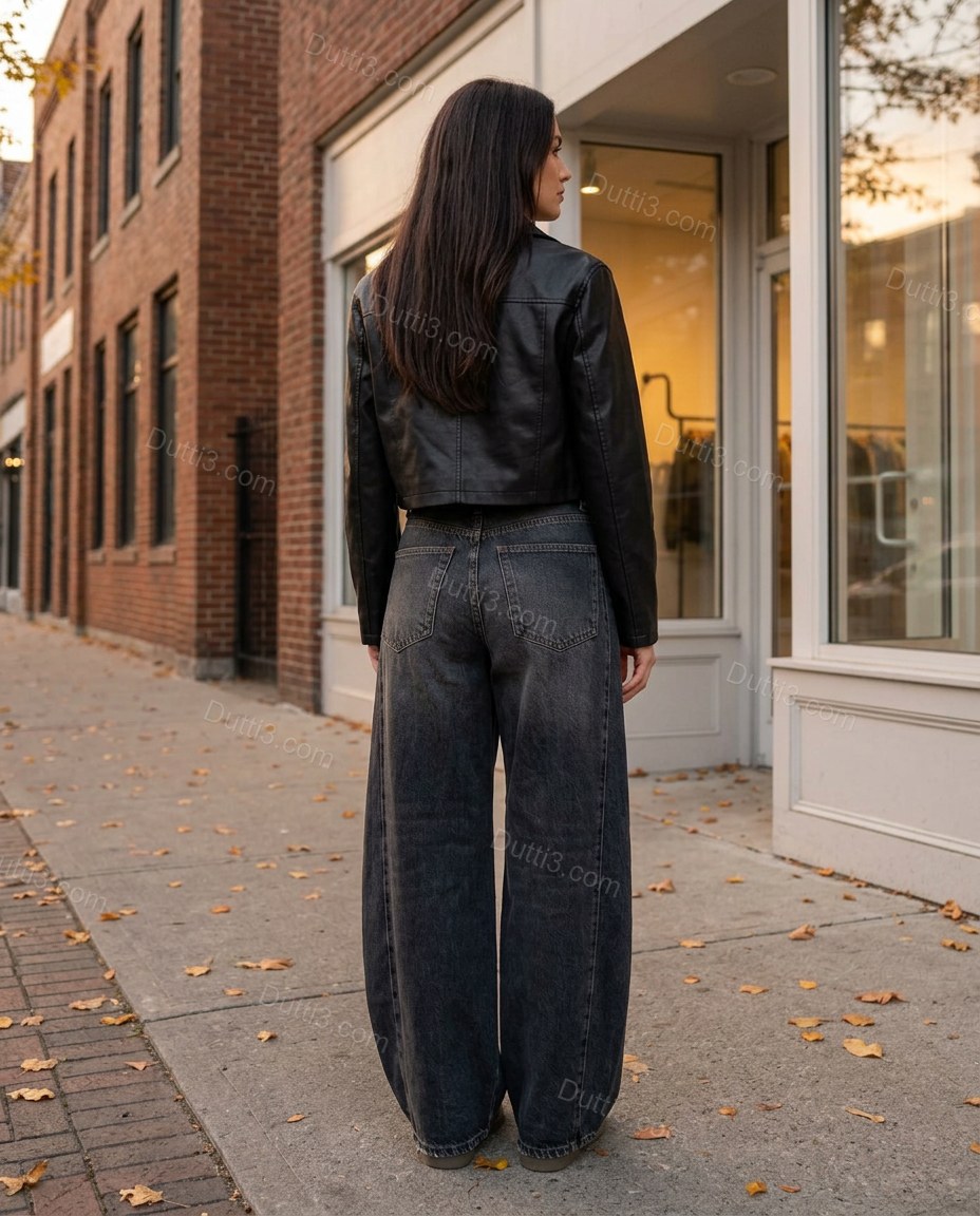 Dark Blue Denim Pants, walking lifestyle view, by Dutti3