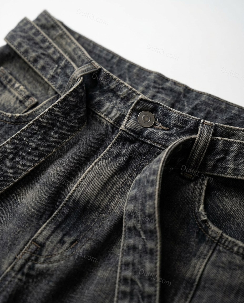 Dark Blue Denim Pants, close-up of grey and brown accents, belt loops and front pockets, by Dutti3