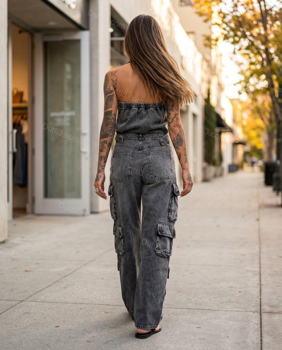 Dark Grey Strapless Denim Jumpsuit, three-quarter brand lifestyle view, by Dutti3