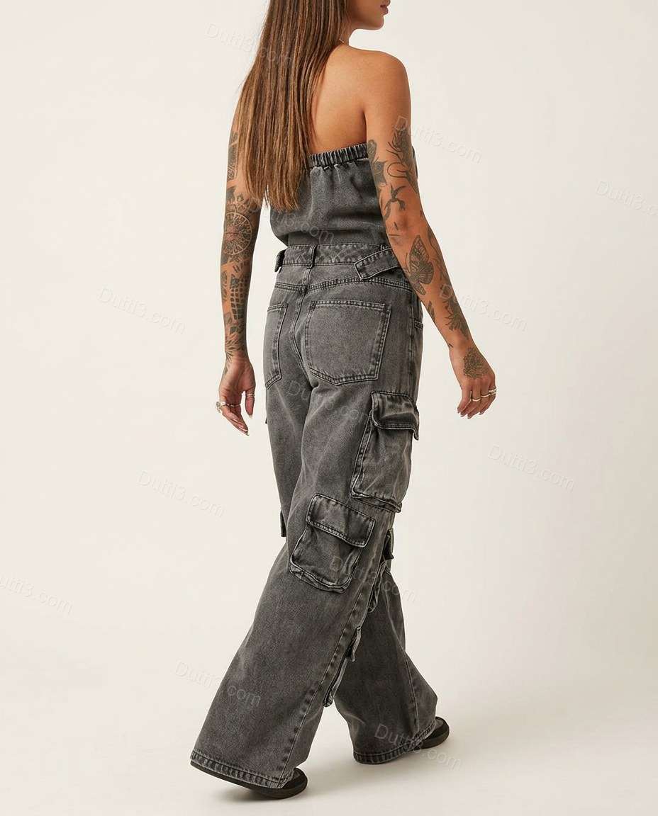 Dark Grey Strapless Denim Jumpsuit, back studio view, by Dutti3