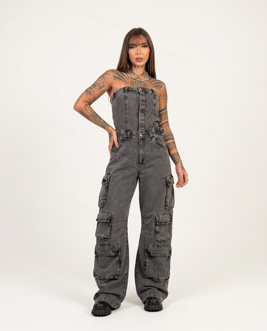 Dark Grey Strapless Denim Jumpsuit, front studio view, by Dutti3