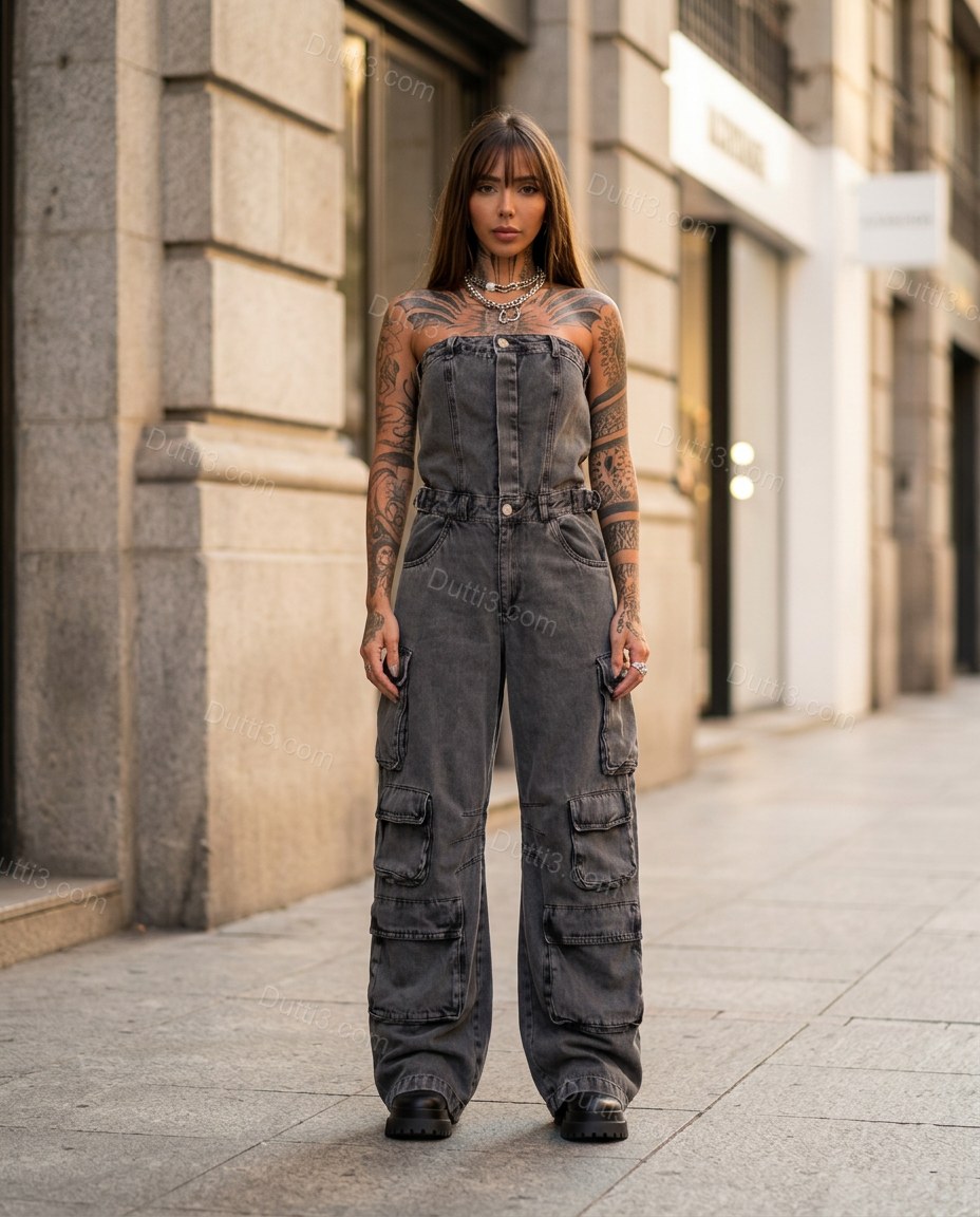 Dark Grey Strapless Denim Jumpsuit, alternate use-case lifestyle view, by Dutti3