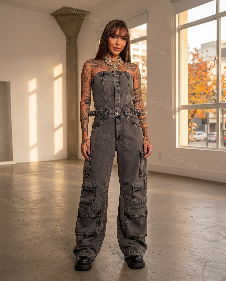 Dark Grey Strapless Denim Jumpsuit, full-length hero view, by Dutti3