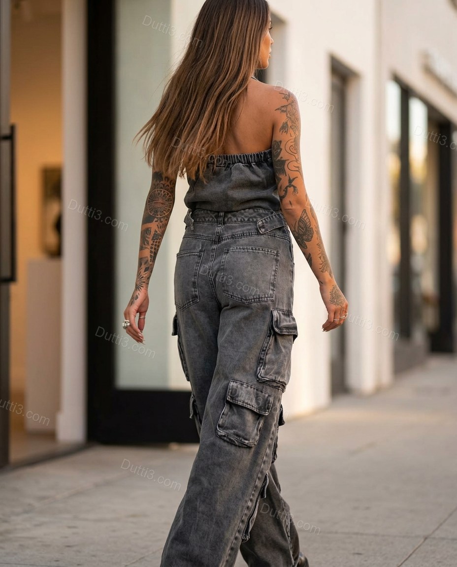 Dark Grey Strapless Denim Jumpsuit, walking lifestyle view, by Dutti3