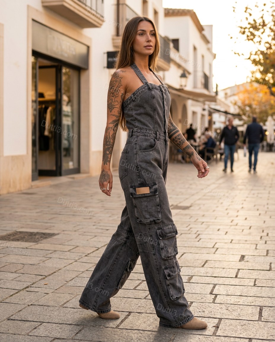 Dark Grey Strapless Denim Jumpsuit, movement and fit lifestyle view, by Dutti3