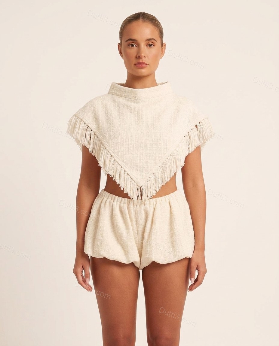 Cream Elevated Fringe Short Set by Dutti3