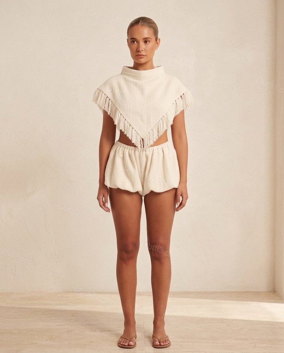 Cream Elevated Fringe Short Set by Dutti3