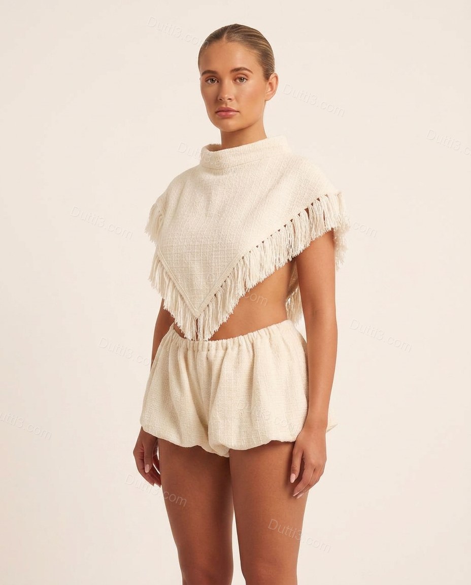 Cream Elevated Fringe Short Set by Dutti3